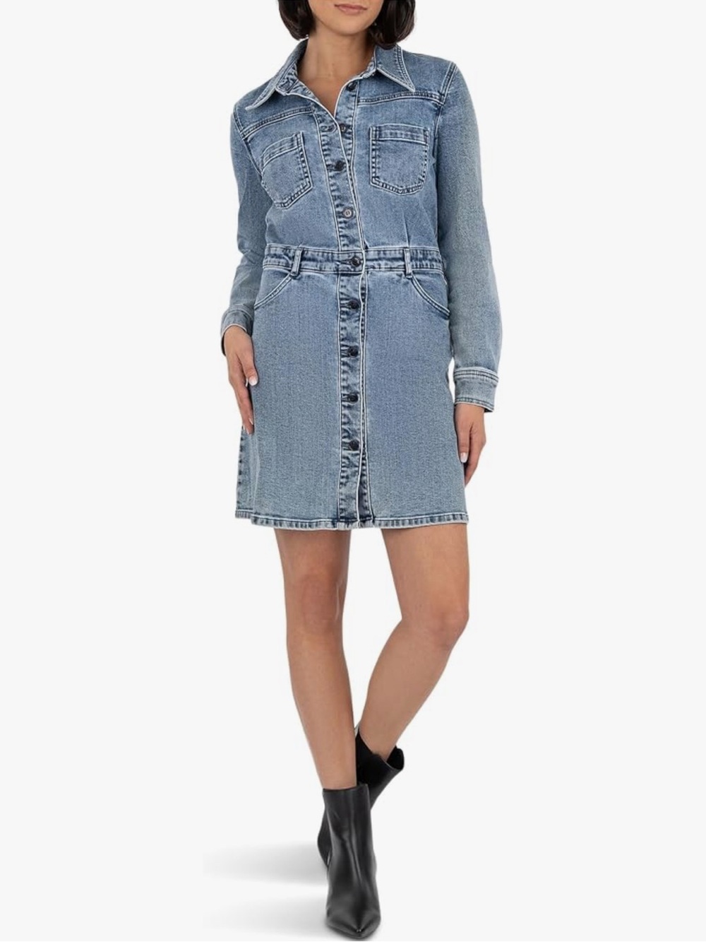 Arlington Stretch Denim Point Collar Long Sleeve Button Down A-Line Dress